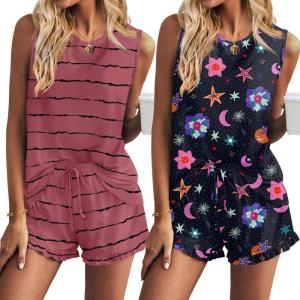Ekouaer Women Lightweight Summer Pajama Soft Pj Set Sleepwear Tank Top Shorts with Pocket Loungewear Set S-XXL(Pink Stripes and Black Print)