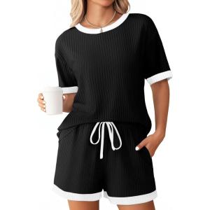 Ekouaer Women Ribbed Knit Pajama Sets, Short Sleeve Top and Shorts 2 Piece Soft Pjs Sleepwear with Pockets Lounge Sets S-XXL(Black)