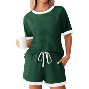 Ekouaer Women Ribbed Knit Pajama Sets, Short Sleeve Top and Shorts 2 Piece Soft Pjs Sleepwear with Pockets Lounge Sets S-XXL(Dark Green)