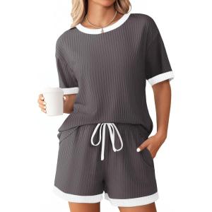 Ekouaer Women Ribbed Knit Pajama Sets, Short Sleeve Top and Shorts 2 Piece Soft Pjs Sleepwear with Pockets Lounge Sets S-XXL(Dark Grey)