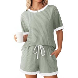 Ekouaer Women Ribbed Knit Pajama Sets, Short Sleeve Top and Shorts 2 Piece Soft Pjs Sleepwear with Pockets Lounge Sets S-XXL(Light Green)