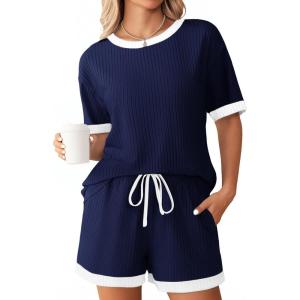 Ekouaer Women Ribbed Knit Pajama Sets, Short Sleeve Top and Shorts 2 Piece Soft Pjs Sleepwear with Pockets Lounge Sets S-XXL(Navy Blue)