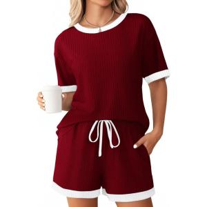 Ekouaer Women Ribbed Knit Pajama Sets, Short Sleeve Top and Shorts 2 Piece Soft Pjs Sleepwear with Pockets Lounge Sets S-XXL(Wine Red)