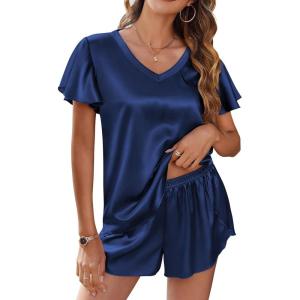 Ekouaer Women Satin Pajamas Set Ruffle Sleeves Silk Pj Set Soft V Neck Sleepwear Loungewear(Navy Blue)