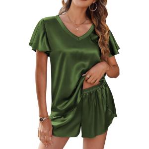 Ekouaer Women Satin Pajamas Set Ruffle Sleeves Silk Pj Set Soft V Neck Sleepwear Loungewear(Olive Drab)