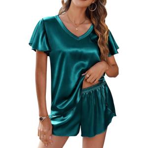 Ekouaer Women Satin Pajamas Set Ruffle Sleeves Silk Pj Set Soft V Neck Sleepwear Loungewear(Teal)