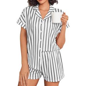 Ekouaer Womens Button Down Pajamas Set 2 Piece Sleepwear Short Sleeve Pjs Soft Stripe Lounge Sets(Black White Stripe)