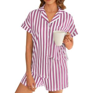 Ekouaer Womens Button Down Pajamas Set 2 Piece Sleepwear Short Sleeve Pjs Soft Stripe Lounge Sets(Purple White Stripe)