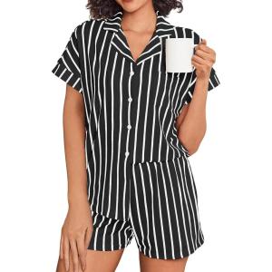Ekouaer Womens Button Down Pajamas Set 2 Piece Sleepwear Short Sleeve Pjs Soft Stripe Lounge Sets(White Black Stripe)