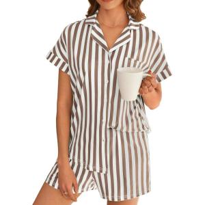 Ekouaer Womens Button Down Pajamas Set 2 Piece Sleepwear Short Sleeve Pjs Soft Stripe Lounge Sets(Yellow White Stripe)