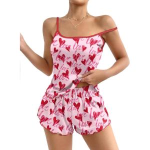 Ekouaer Womens Cami Pajama Sets 2 Piece Cute Print Pjs Soft Tank Top & Elastic Waist Shorts Camisole Lounge Set(Pink Love Heart)