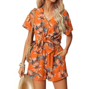 Ekouaer Womens Hawaiian 2 Piece Outfit Short Sleeve Button Down Shirt and Shorts Tracksuit Lounge Set(Tropical Orange)