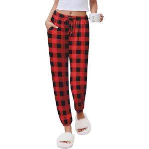 Ekouaer Womens Jogger Pajamas Pants Comfy Long Lounge Bottom,Drawstring Elastic Waist Sleep Pants with Pockets(A-red Plaid)