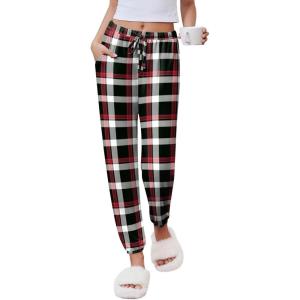Ekouaer Womens Jogger Pajamas Pants Comfy Long Lounge Bottom,Drawstring Elastic Waist Sleep Pants with Pockets(Balck and Red Plaid)