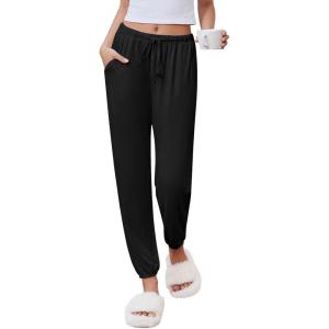 Ekouaer Womens Jogger Pajamas Pants Comfy Long Lounge Bottom,Drawstring Elastic Waist Sleep Pants with Pockets(Black)
