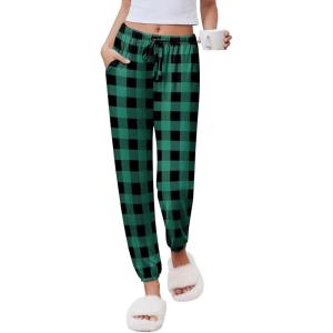Ekouaer Womens Jogger Pajamas Pants Comfy Long Lounge Bottom,Drawstring Elastic Waist Sleep Pants with Pockets(Black and Green Plaid)