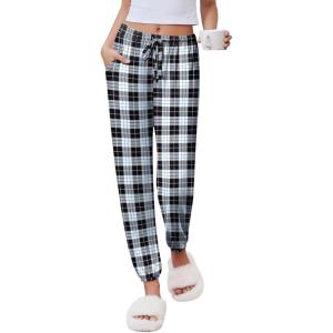 Ekouaer Womens Jogger Pajamas Pants Comfy Long Lounge Bottom,Drawstring Elastic Waist Sleep Pants with Pockets(Black and White Plaid)