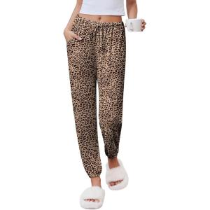 Ekouaer Womens Jogger Pajamas Pants Comfy Long Lounge Bottom,Drawstring Elastic Waist Sleep Pants with Pockets(Brown Black Leopard)