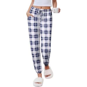 Ekouaer Womens Jogger Pajamas Pants Comfy Long Lounge Bottom,Drawstring Elastic Waist Sleep Pants with Pockets(Navy and White Plaid)