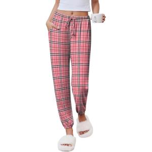 Ekouaer Womens Jogger Pajamas Pants Comfy Long Lounge Bottom,Drawstring Elastic Waist Sleep Pants with Pockets(Pink Plaid)