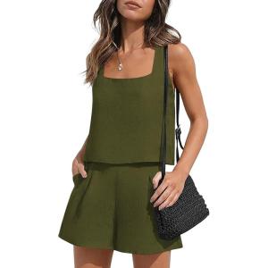 Ekouaer Womens Pajama Set Shorts Sleeveless Lounge Sets Summer 2 Piece Pjs Tank Top and Shorts with Pockets(Army Green)