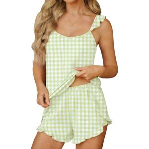 Ekouaer Womens Pajama Sets Ruffle Cami Top and Shorts 2 Piece Lounge Set Sleepwear, Summer Comfy Cute Bridal Pajama for Women(Gingham Green)