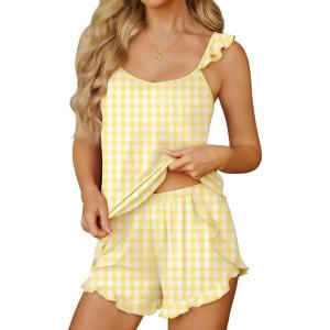 Ekouaer Womens Pajama Sets Ruffle Cami Top and Shorts 2 Piece Lounge Set Sleepwear, Summer Comfy Cute Bridal Pajama for Women(Gingham Yellow)