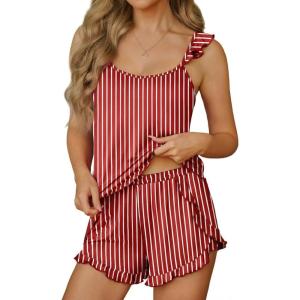 Ekouaer Womens Pajama Sets Ruffle Cami Top and Shorts 2 Piece Lounge Set Sleepwear, Summer Comfy Cute Bridal Pajama for Women(Red White Stripe)