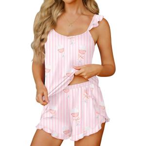 Ekouaer Womens Pajama Sets Ruffle Cami Top and Shorts 2 Piece Lounge Set Sleepwear, Summer Comfy Cute Bridal Pajama for Women(Wine Glass)