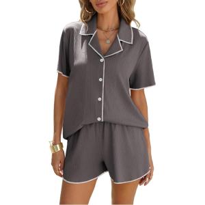 Ekouaer Women’s Ribbed Button Down Pajamas Sets 2 Piece Short Sleeve Shorts Pjs Knit Lounge Sets(Dark Gray)