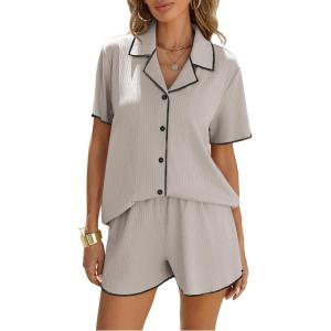 Ekouaer Women’s Ribbed Button Down Pajamas Sets 2 Piece Short Sleeve Shorts Pjs Knit Lounge Sets(Light Gray)