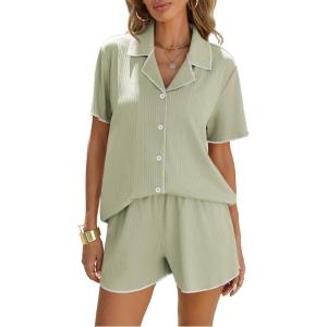 Ekouaer Women’s Ribbed Button Down Pajamas Sets 2 Piece Short Sleeve Shorts Pjs Knit Lounge Sets(Light Green)