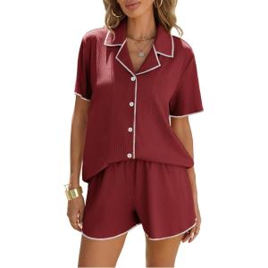 Ekouaer Women’s Ribbed Button Down Pajamas Sets 2 Piece Short Sleeve Shorts Pjs Knit Lounge Sets(Maroon Red)