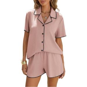 Ekouaer Women’s Ribbed Button Down Pajamas Sets 2 Piece Short Sleeve Shorts Pjs Knit Lounge Sets(Peach Pink)