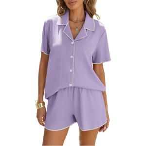 Ekouaer Women’s Ribbed Button Down Pajamas Sets 2 Piece Short Sleeve Shorts Pjs Knit Lounge Sets(Purple)