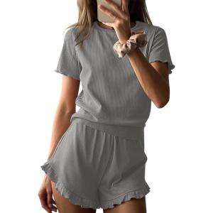 Ekouaer Womens Ribbed Knit Pajama Sets 2 Piece Short Sleeve Pjs Cute Pajamas Ruffle Lounge Sets Soft Sleepwear Set S-XXL(Light Grey)