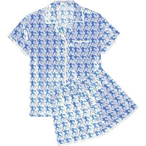 Ekouaer Womens Silk Pajama Sets 2 Piece Satin Pj Set Button Down Shirt and Shorts Lounge Sets Classic with Pockets(Blue Monkeys Bananas)