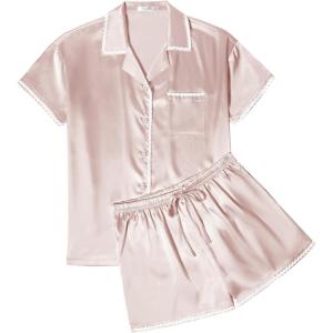 Ekouaer Womens Silk Pajama Sets 2 Piece Satin Pj Set Button Down Shirt and Shorts Lounge Sets Classic with Pockets(Champagne)