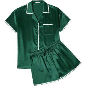 Ekouaer Womens Silk Pajama Sets 2 Piece Satin Pj Set Button Down Shirt and Shorts Lounge Sets Classic with Pockets(Green)
