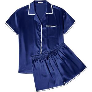 Ekouaer Womens Silk Pajama Sets 2 Piece Satin Pj Set Button Down Shirt and Shorts Lounge Sets Classic with Pockets(Navy Blue)