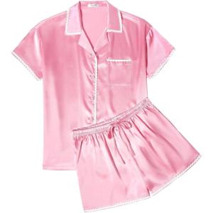 Ekouaer Womens Silk Pajama Sets 2 Piece Satin Pj Set Button Down Shirt and Shorts Lounge Sets Classic with Pockets(Pink)