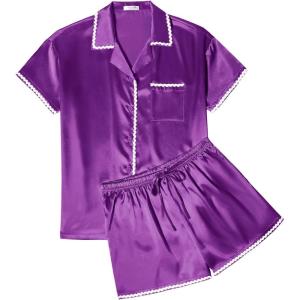 Ekouaer Womens Silk Pajama Sets 2 Piece Satin Pj Set Button Down Shirt and Shorts Lounge Sets Classic with Pockets(Purple)