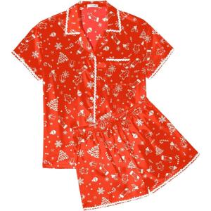 Ekouaer Womens Silk Pajama Sets 2 Piece Satin Pj Set Button Down Shirt and Shorts Lounge Sets Classic with Pockets(Red Christmas Trees)