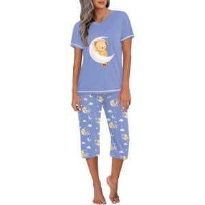 Ekouaer Women’s Sleepwear Capri Pajama Sets Short Sleeve Two-Piece Pjs V Neck Tops & Capri Pants with Pockets S-3XL(Bear Good Night Blue)