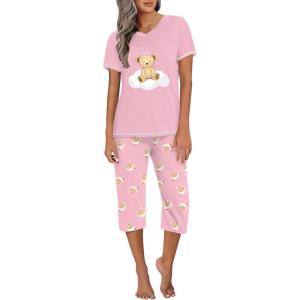 Ekouaer Women’s Sleepwear Capri Pajama Sets Short Sleeve Two-Piece Pjs V Neck Tops & Capri Pants with Pockets S-3XL(Bear Good Night Pink)