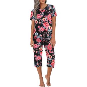 Ekouaer Women’s Sleepwear Capri Pajama Sets Short Sleeve Two-Piece Pjs V Neck Tops & Capri Pants with Pockets S-3XL(Black Red Flowers)