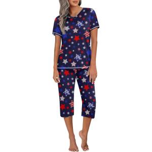 Ekouaer Women’s Sleepwear Capri Pajama Sets Short Sleeve Two-Piece Pjs V Neck Tops & Capri Pants with Pockets S-3XL(Blue America Stars)