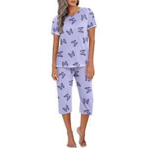 Ekouaer Women’s Sleepwear Capri Pajama Sets Short Sleeve Two-Piece Pjs V Neck Tops & Capri Pants with Pockets S-3XL(Blue Butterflies)