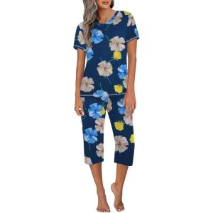 Ekouaer Women’s Sleepwear Capri Pajama Sets Short Sleeve Two-Piece Pjs V Neck Tops & Capri Pants with Pockets S-3XL(Blue Khaki Flowers)