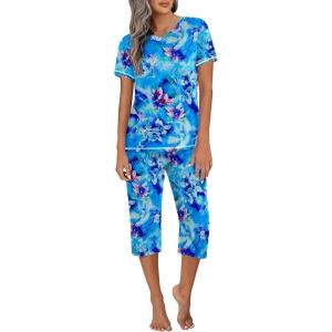 Ekouaer Women’s Sleepwear Capri Pajama Sets Short Sleeve Two-Piece Pjs V Neck Tops & Capri Pants with Pockets S-3XL(Blue Petals)